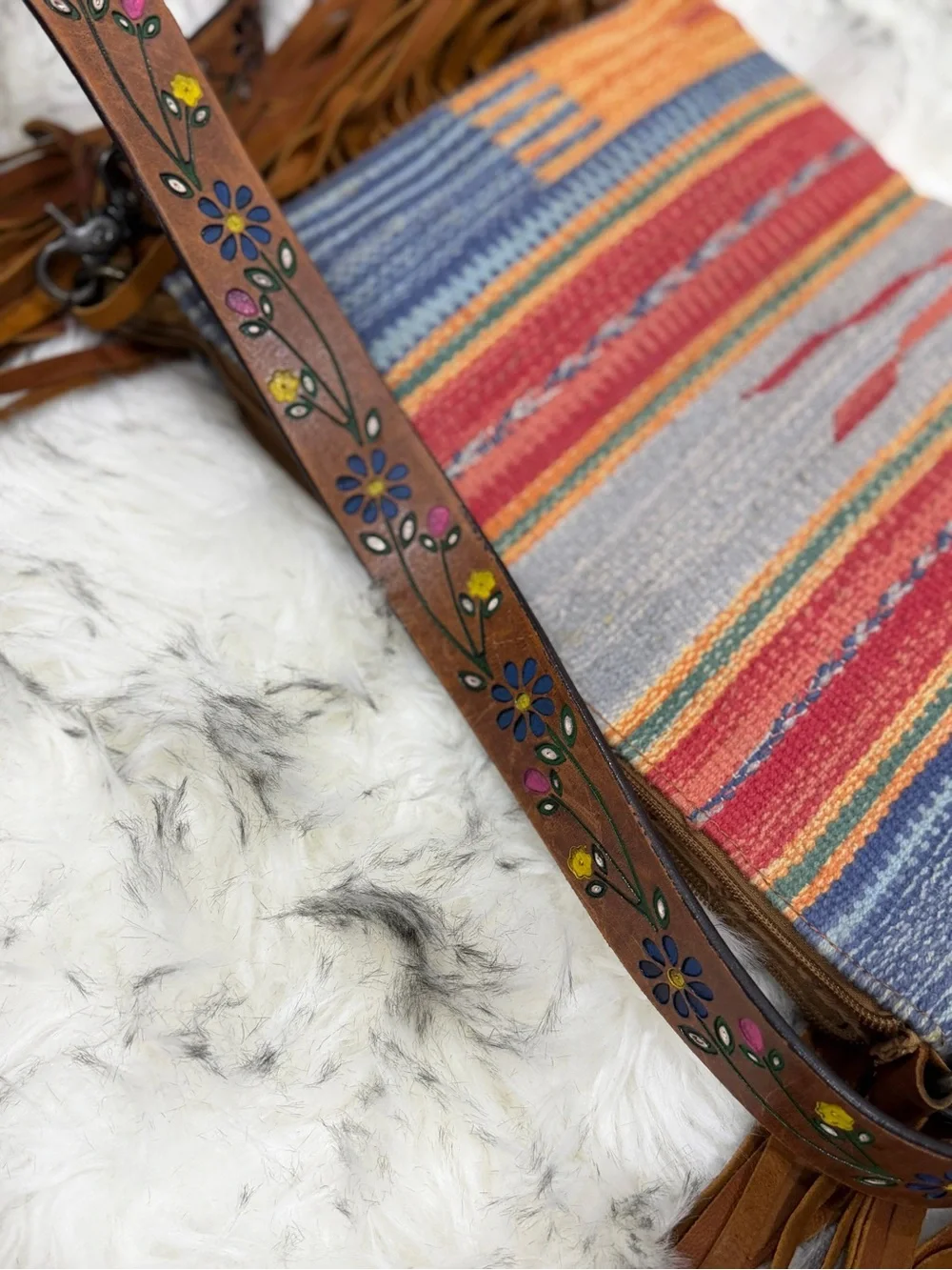 American Darling Multicolor Striped Fringe Crossbody Bag with Brown Trim